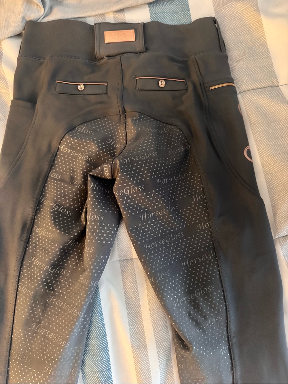 HorseGloss Full Seat pull on riding Breeches in Grey with rose gold accents